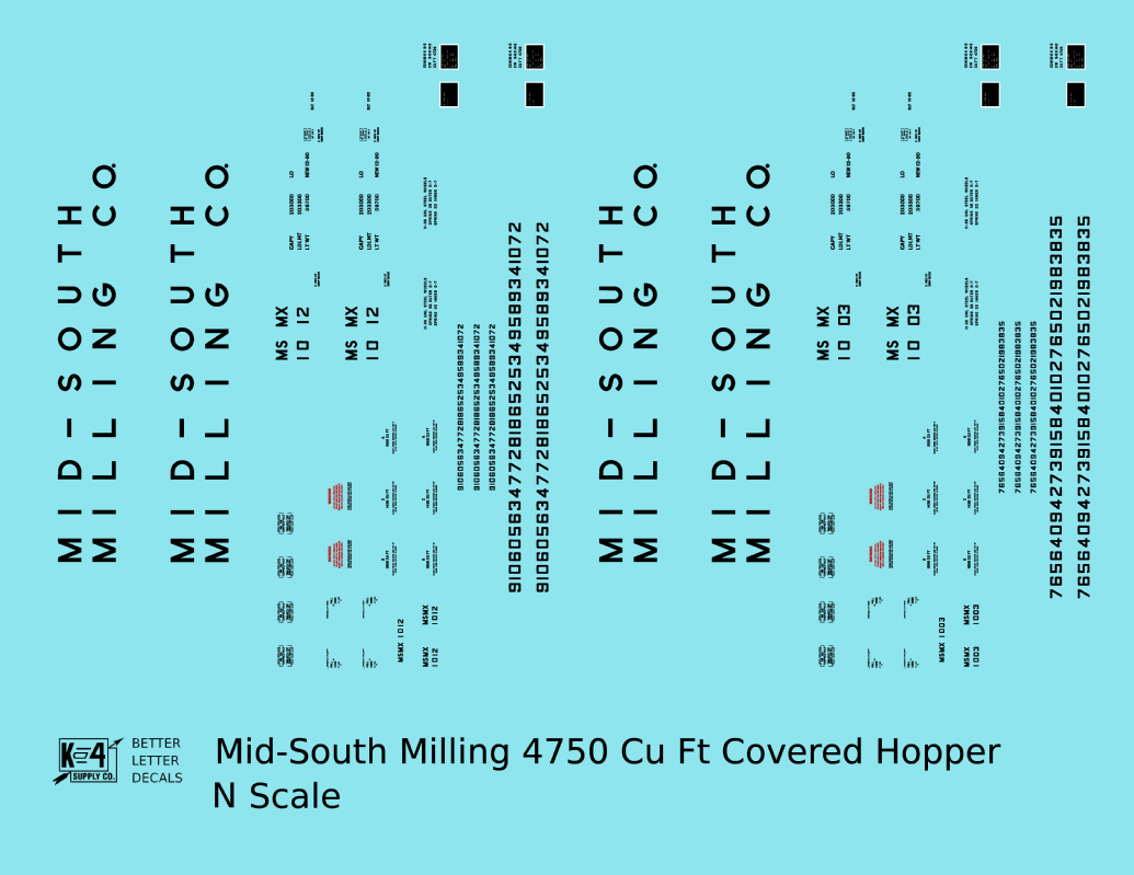 Mid-South Milling Co. 4750 Cu Ft PS-2CD Covered Hopper Black  - Decal - Choose Scale