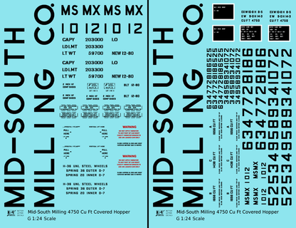 Mid-South Milling Co. 4750 Cu Ft PS-2CD Covered Hopper Black  - Decal - Choose Scale