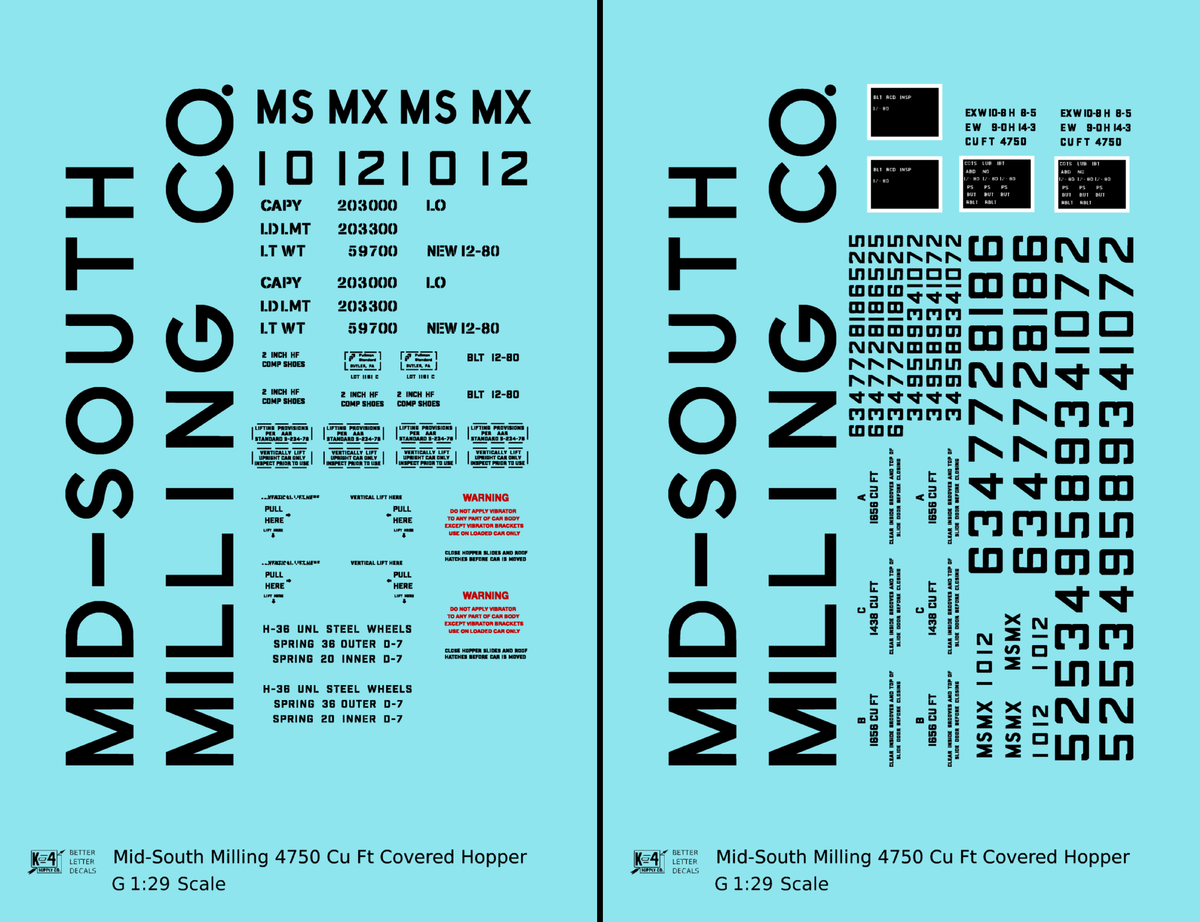 Mid-South Milling Co. 4750 Cu Ft PS-2CD Covered Hopper Black  - Decal - Choose Scale