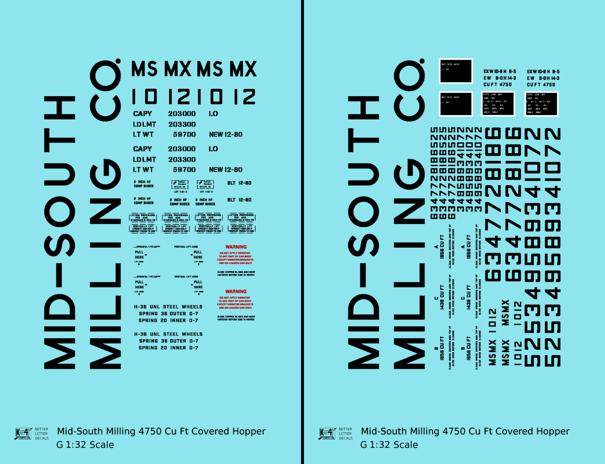 Mid-South Milling Co. 4750 Cu Ft PS-2CD Covered Hopper Black  - Decal - Choose Scale