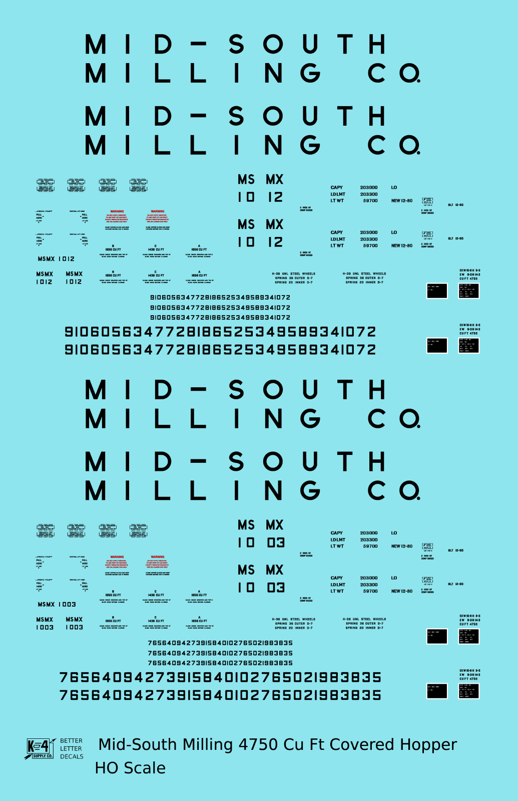Mid-South Milling Co. 4750 Cu Ft PS-2CD Covered Hopper Black  - Decal - Choose Scale