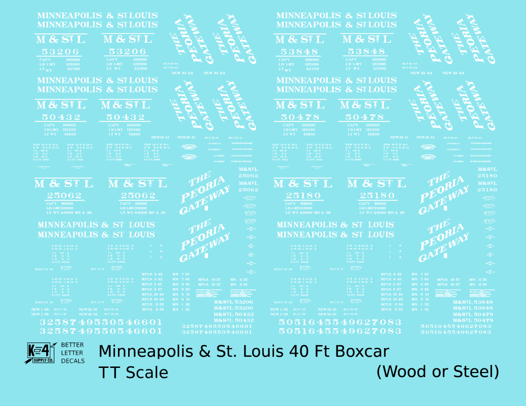 Minneapolis and St Louis Wood and Steel Boxcars White Peoria Gateway