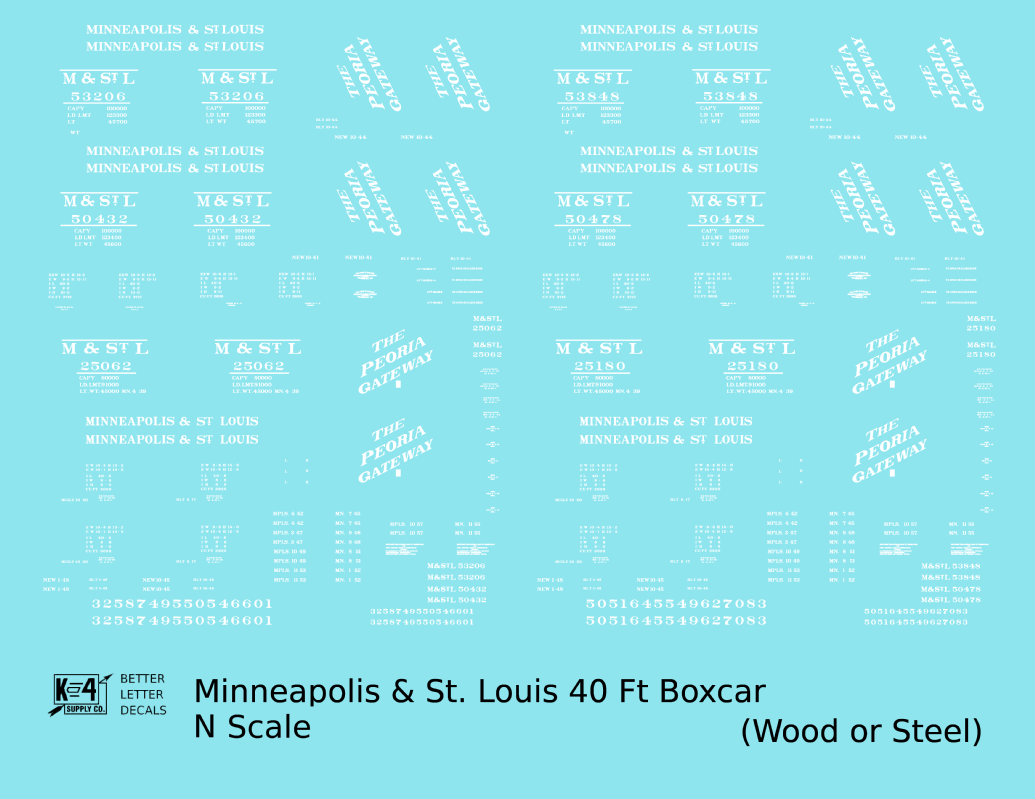Minneapolis and St Louis Wood and Steel Boxcars White Peoria Gateway