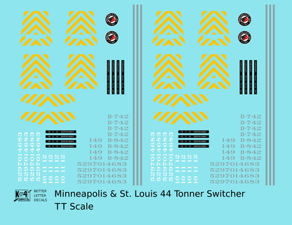 Minneapolis and St Louis GE 44 Tonner Locomotive   - Decal - Choose Scale