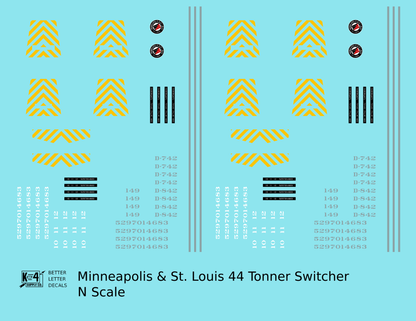 Minneapolis and St Louis GE 44 Tonner Locomotive   - Decal - Choose Scale