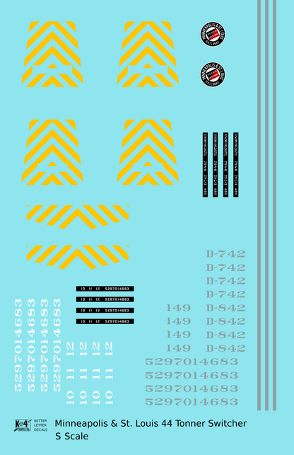 Minneapolis and St Louis GE 44 Tonner Locomotive   - Decal - Choose Scale