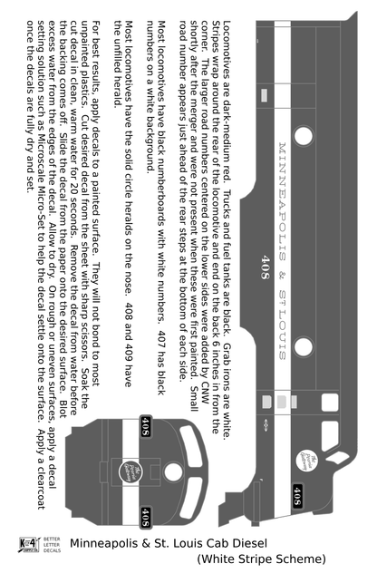 Minneapolis and St Louis EMD F Cab Diesel White Late Scheme - Decal