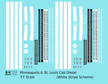 Minneapolis and St Louis EMD F Cab Diesel White Late Scheme - Decal - Choose Scale