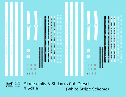 Minneapolis and St Louis EMD F Cab Diesel White Late Scheme - Decal - Choose Scale