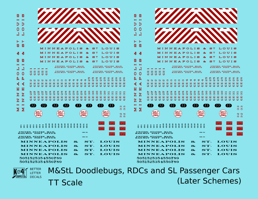 Minneapolis and St Louis Doodlebug, RDC, and Streamlined Passenger Car Red White and Black  - Decal - Choose Scale