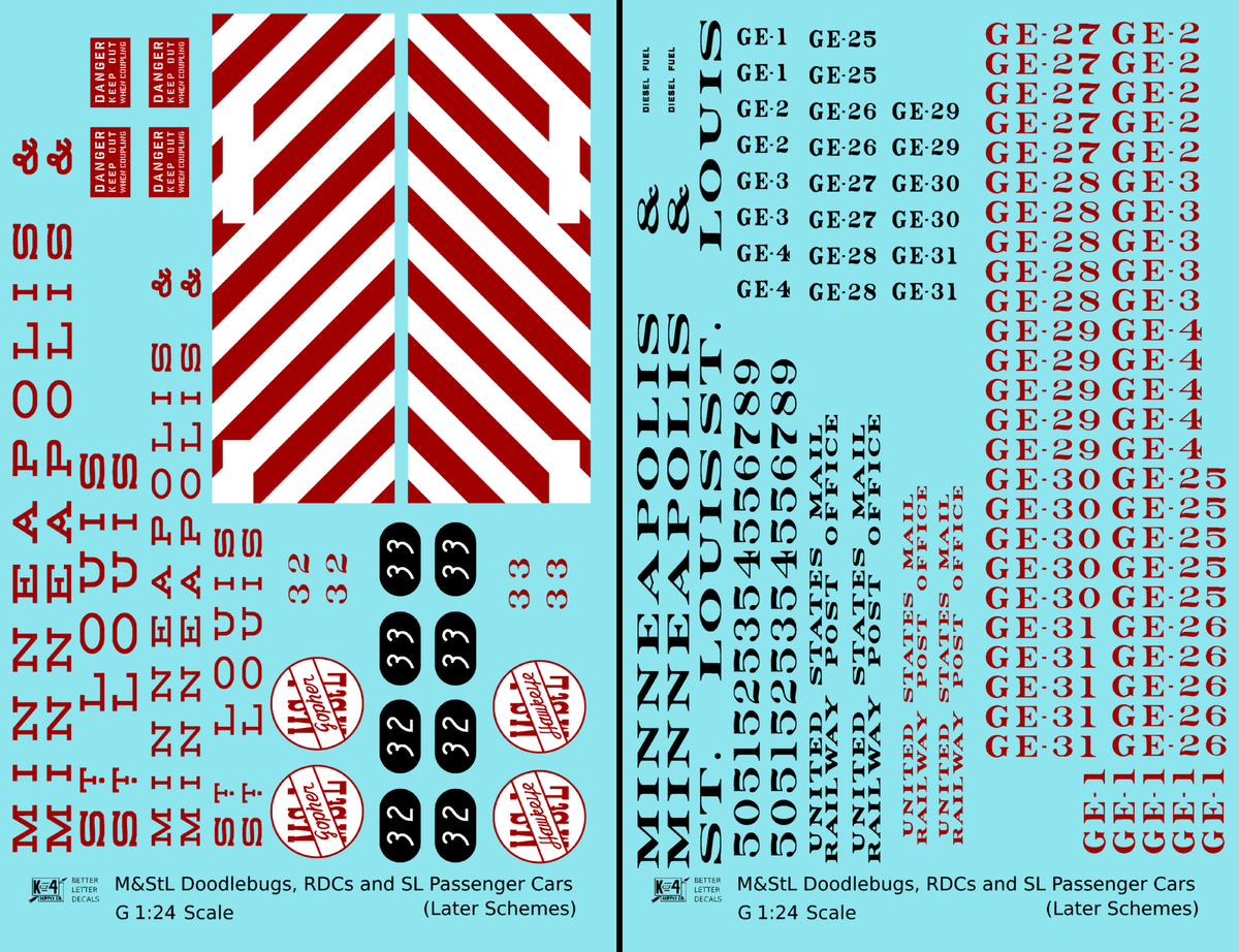 Minneapolis and St Louis Doodlebug, RDC, and Streamlined Passenger Car Red White and Black  - Decal - Choose Scale