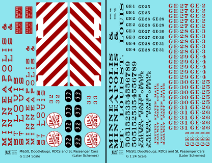 Minneapolis and St Louis Doodlebug, RDC, and Streamlined Passenger Car Red White and Black  - Decal - Choose Scale