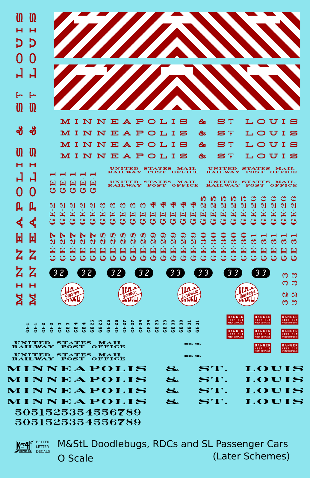 Minneapolis and St Louis Doodlebug, RDC, and Streamlined Passenger Car Red White and Black  - Decal Sheet