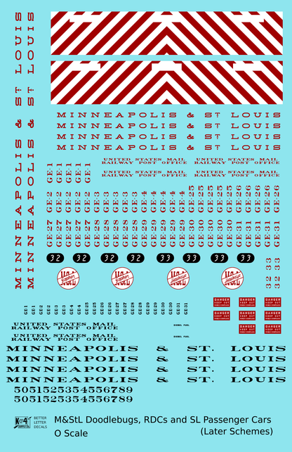 Minneapolis and St Louis Doodlebug, RDC, and Streamlined Passenger Car Red White and Black  - Decal Sheet
