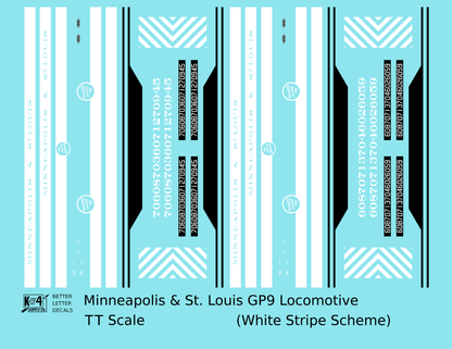 Minneapolis and St Louis EMD GP9 Diesel White Late Scheme - Decal - Choose Scale