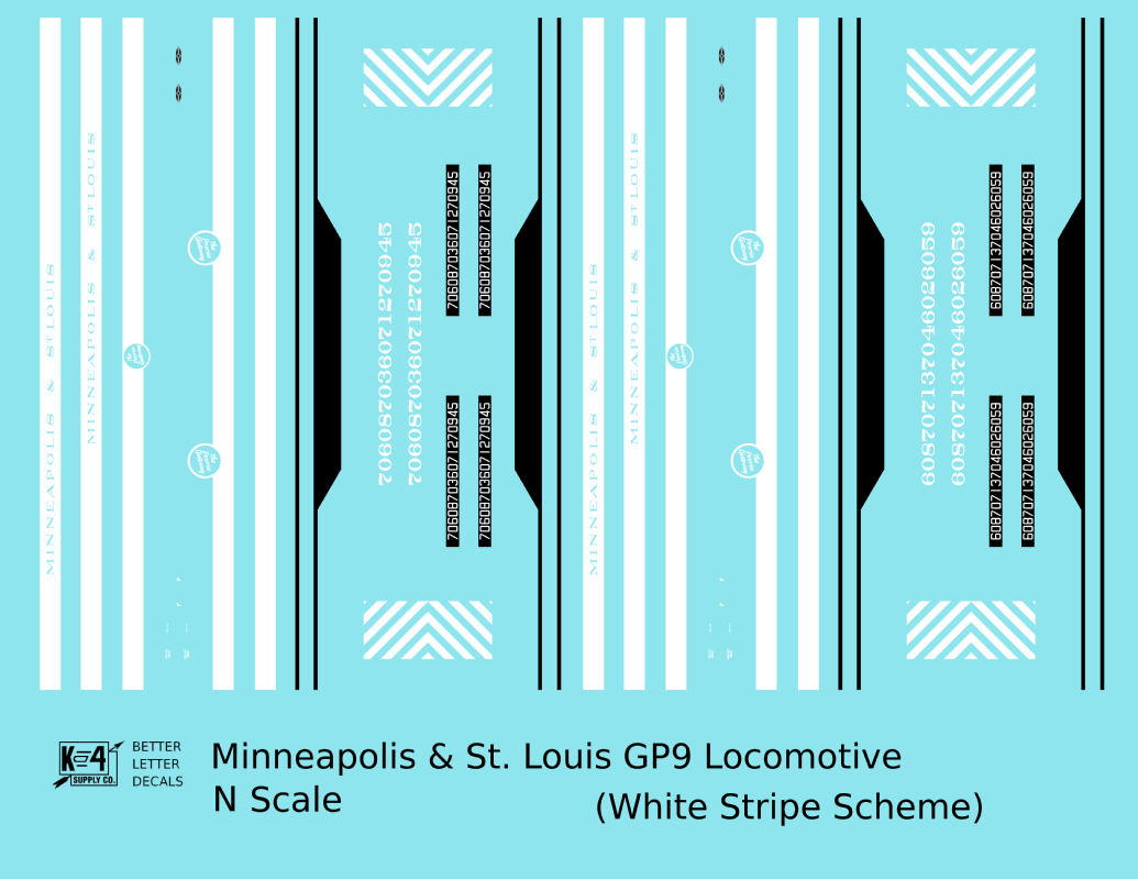 Minneapolis and St Louis EMD GP9 Diesel White Late Scheme - Decal - Choose Scale