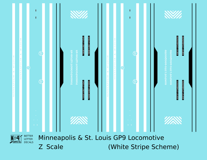 Minneapolis and St Louis EMD GP9 Diesel White Late Scheme - Decal - Choose Scale