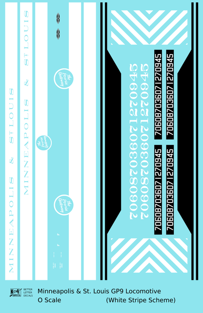 Minneapolis and St Louis EMD GP9 Diesel White Late Scheme - Decal Sheet