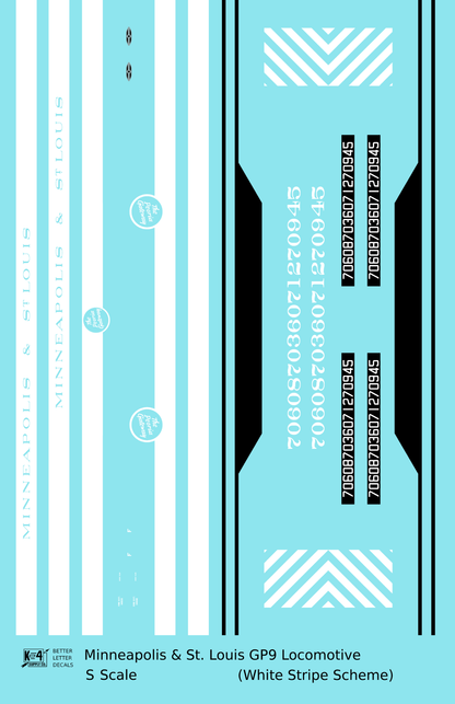 Minneapolis and St Louis EMD GP9 Diesel White Late Scheme - Decal - Choose Scale