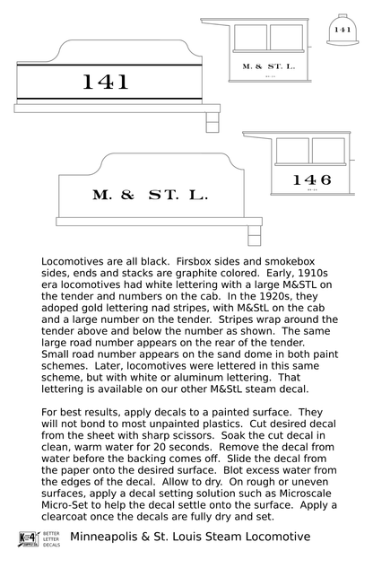 Minneapolis and St Louis Steam Locomotive Gold and White Earlier Big M&StL and Gold Schemes - Decal