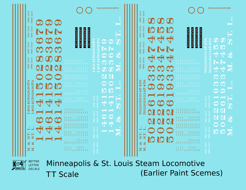 Minneapolis and St Louis Steam Locomotive Gold and White Earlier Big M&StL and Gold Schemes - Decal - Choose Scale