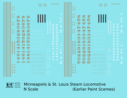 Minneapolis and St Louis Steam Locomotive Gold and White Earlier Big M&StL and Gold Schemes - Decal - Choose Scale