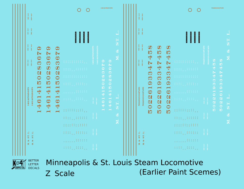 Minneapolis and St Louis Steam Locomotive Gold and White Earlier Big M&StL and Gold Schemes - Decal - Choose Scale