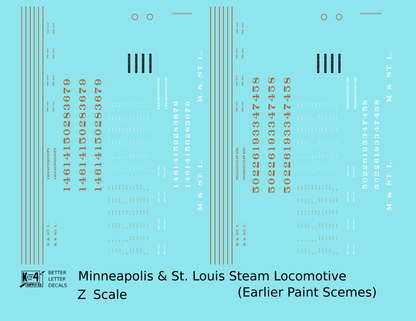 Minneapolis and St Louis Steam Locomotive Gold and White Earlier Big M&StL and Gold Schemes - Decal - Choose Scale