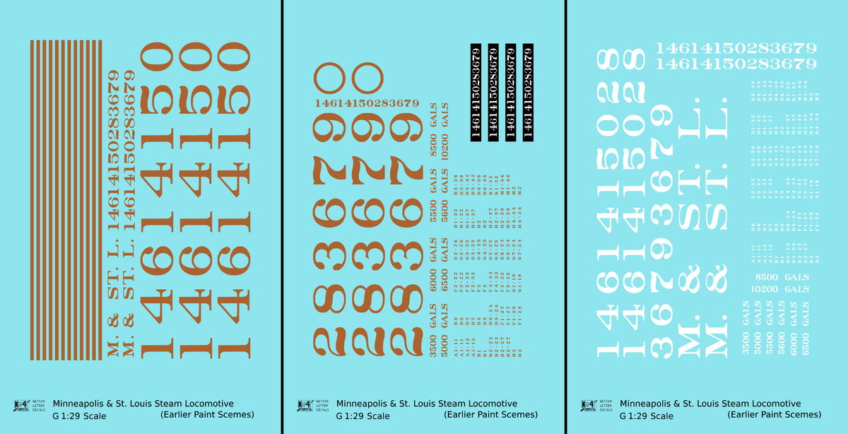 Minneapolis and St Louis Steam Locomotive Gold and White Earlier Big M&StL and Gold Schemes - Decal - Choose Scale