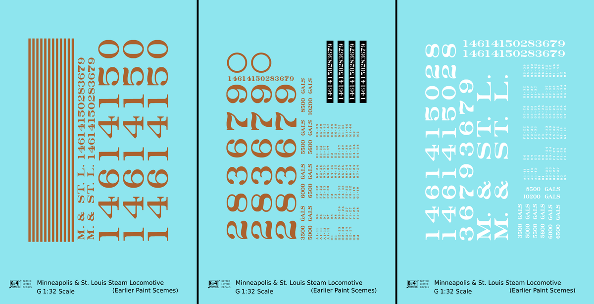 Minneapolis and St Louis Steam Locomotive Gold and White Earlier Big M&StL and Gold Schemes - Decal - Choose Scale