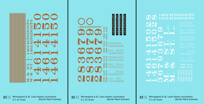 Minneapolis and St Louis Steam Locomotive Gold and White Earlier Big M&StL and Gold Schemes - Decal - Choose Scale