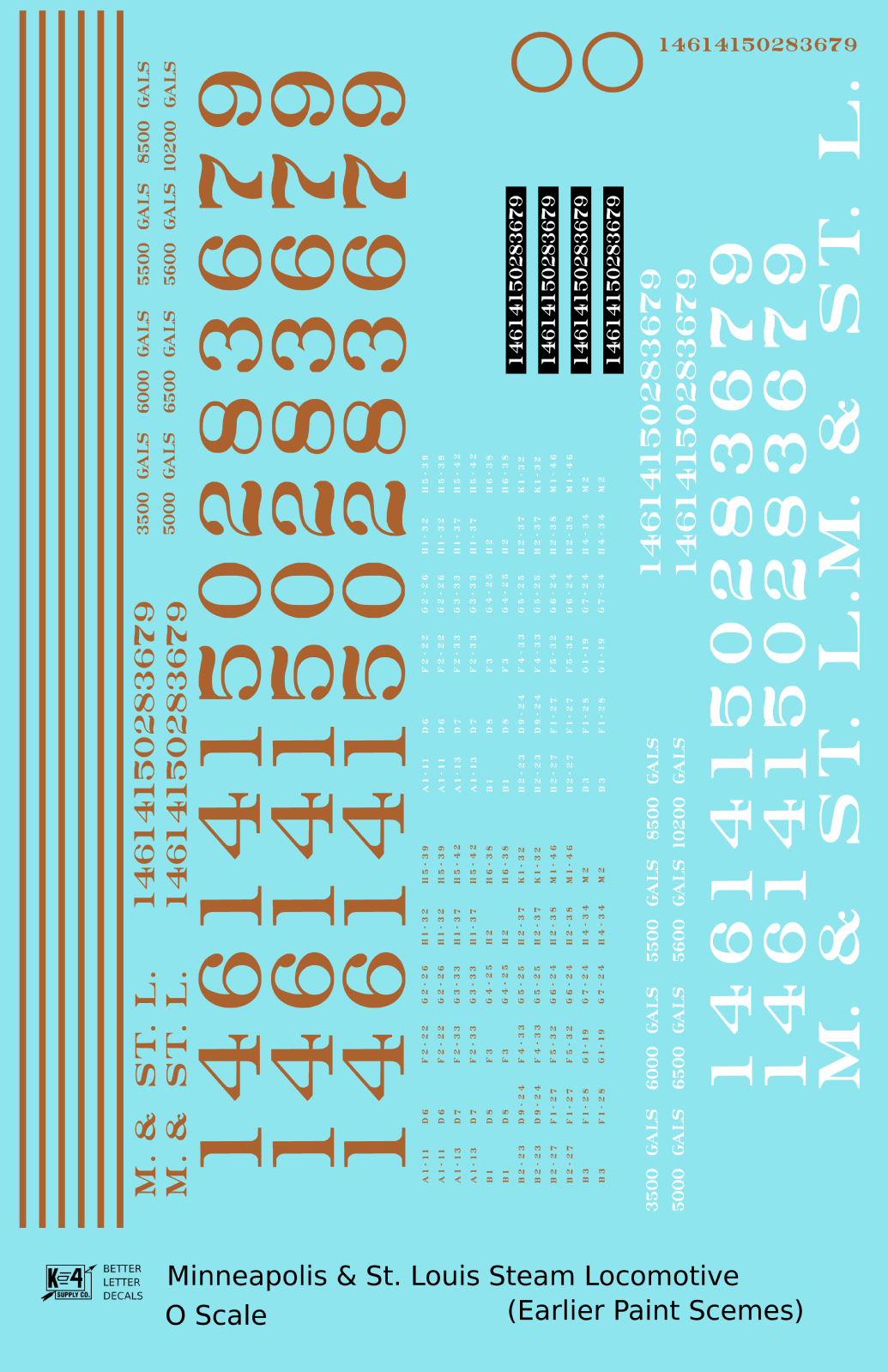 Minneapolis and St Louis Steam Locomotive Gold and White Earlier Big M&StL and Gold Schemes - Decal Sheet