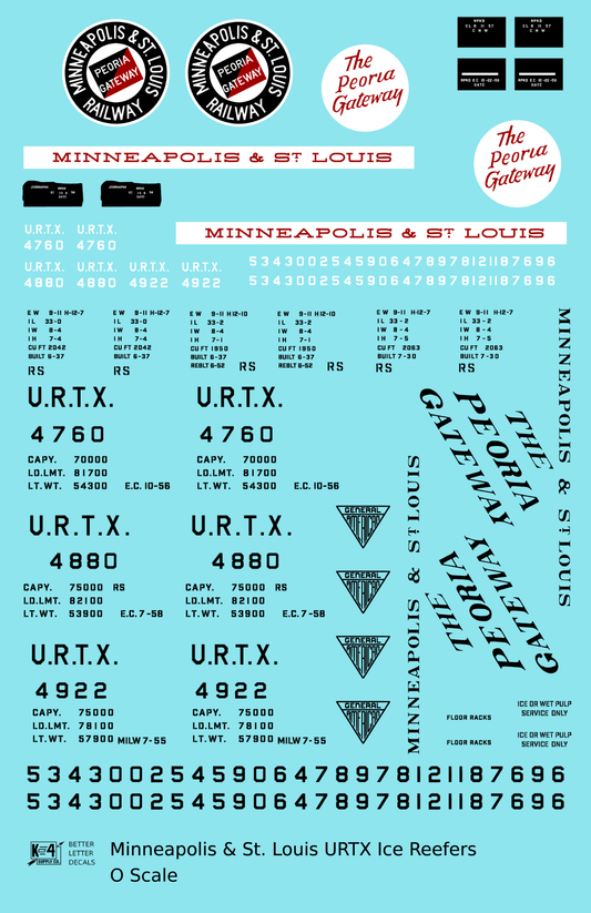 Minneapolis and St Louis Wood Ice Reefer Black White and Red Peoria Gateway - Decal Sheet