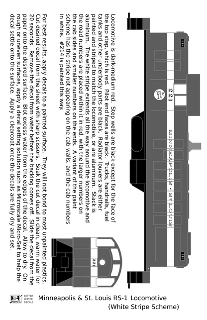 Minneapolis and St Louis ALCO RS1 Diesel Locomotive White Late Scheme - Decal