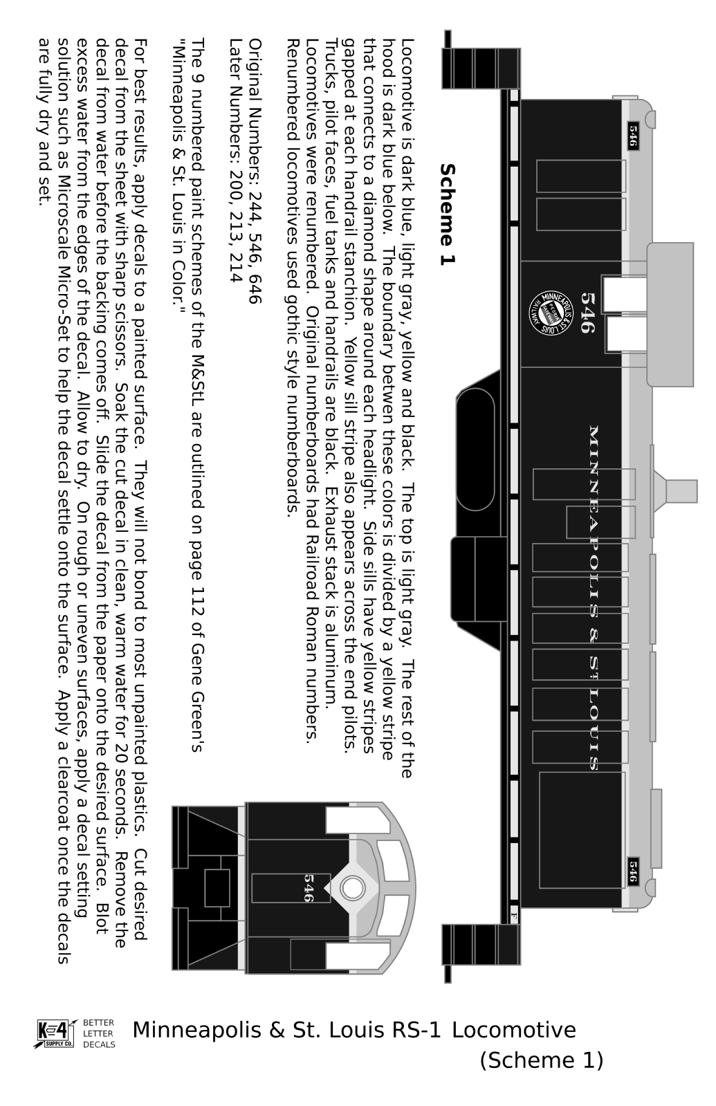 Minneapolis and St Louis ALCO RS1 Diesel Locomotive Yellow Scheme 1, Dark Blue Loco - Decal