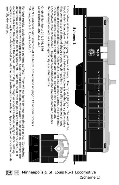 Minneapolis and St Louis ALCO RS1 Diesel Locomotive Yellow Scheme 1, Dark Blue Loco - Decal