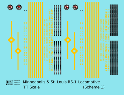 Minneapolis and St Louis ALCO RS1 Diesel Locomotive Yellow Scheme 1, Dark Blue Loco - Decal - Choose Scale