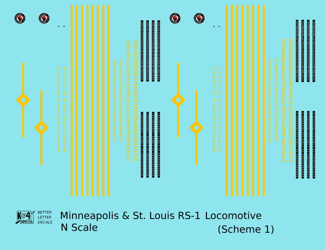 Minneapolis and St Louis ALCO RS1 Diesel Locomotive Yellow Scheme 1, Dark Blue Loco - Decal - Choose Scale