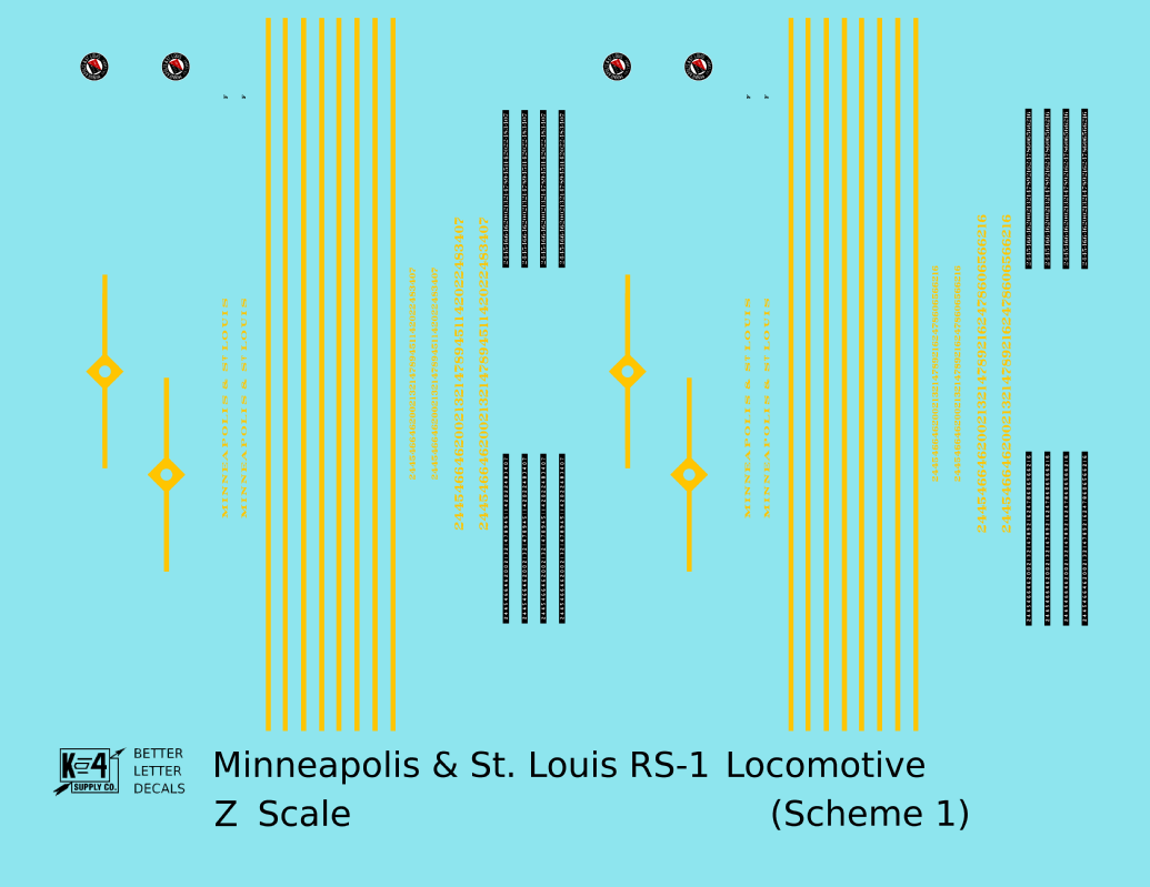 Minneapolis and St Louis ALCO RS1 Diesel Locomotive Yellow Scheme 1, Dark Blue Loco - Decal - Choose Scale