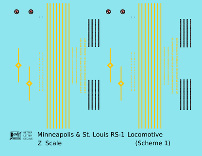 Minneapolis and St Louis ALCO RS1 Diesel Locomotive Yellow Scheme 1, Dark Blue Loco - Decal - Choose Scale