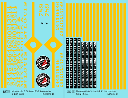 Minneapolis and St Louis ALCO RS1 Diesel Locomotive Yellow Scheme 1, Dark Blue Loco - Decal - Choose Scale