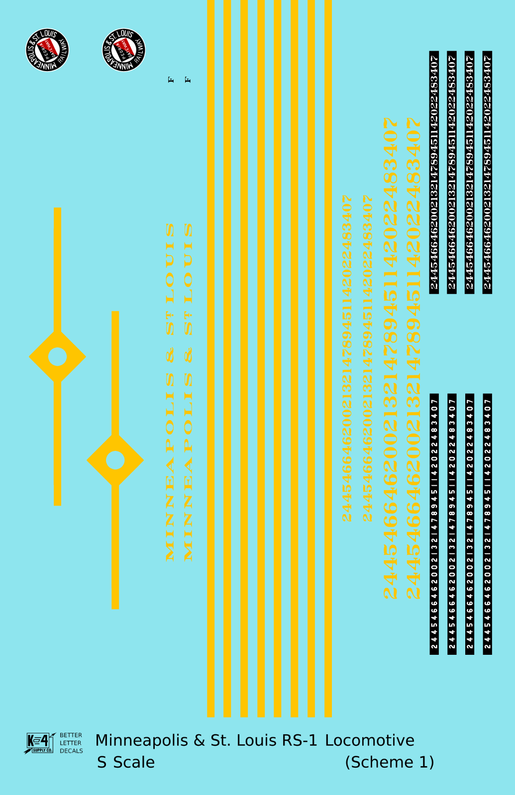 Minneapolis and St Louis ALCO RS1 Diesel Locomotive Yellow Scheme 1, Dark Blue Loco - Decal - Choose Scale