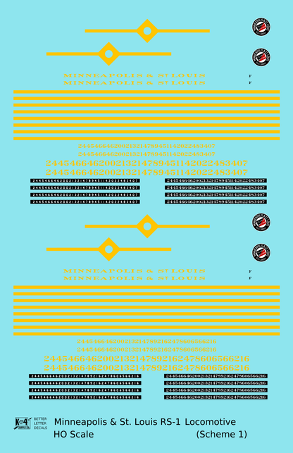 Minneapolis and St Louis ALCO RS1 Diesel Locomotive Yellow Scheme 1, Dark Blue Loco - Decal - Choose Scale