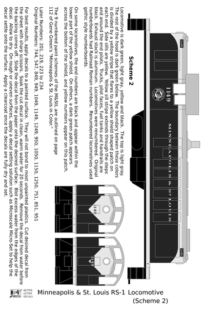 Minneapolis and St Louis ALCO RS1 Diesel Locomotive Yellow Scheme 2, Dark Green Loco - Decal
