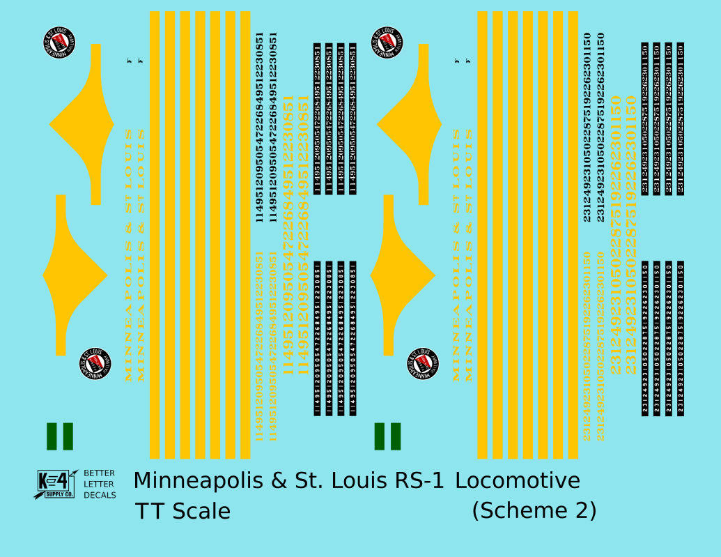 Minneapolis and St Louis ALCO RS1 Diesel Locomotive Yellow Scheme 2, Dark Green Loco - Decal - Choose Scale