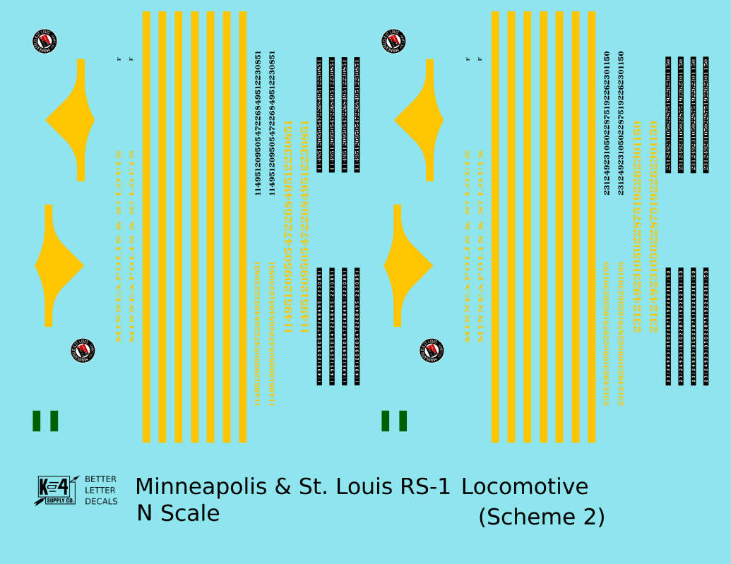 Minneapolis and St Louis ALCO RS1 Diesel Locomotive Yellow Scheme 2, Dark Green Loco - Decal - Choose Scale