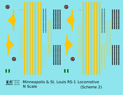 Minneapolis and St Louis ALCO RS1 Diesel Locomotive Yellow Scheme 2, Dark Green Loco - Decal - Choose Scale