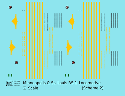 Minneapolis and St Louis ALCO RS1 Diesel Locomotive Yellow Scheme 2, Dark Green Loco - Decal - Choose Scale