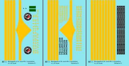 Minneapolis and St Louis ALCO RS1 Diesel Locomotive Yellow Scheme 2, Dark Green Loco - Decal - Choose Scale