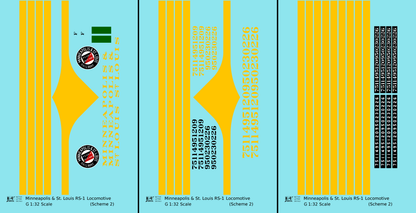 Minneapolis and St Louis ALCO RS1 Diesel Locomotive Yellow Scheme 2, Dark Green Loco - Decal - Choose Scale